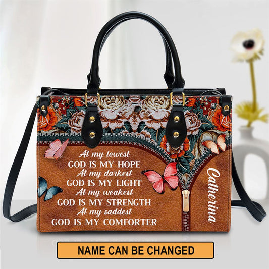 Personalized At My Lowest God Is My Hope Leather Handbag, Gift For Christian Women, Church Bag, Religious Bag