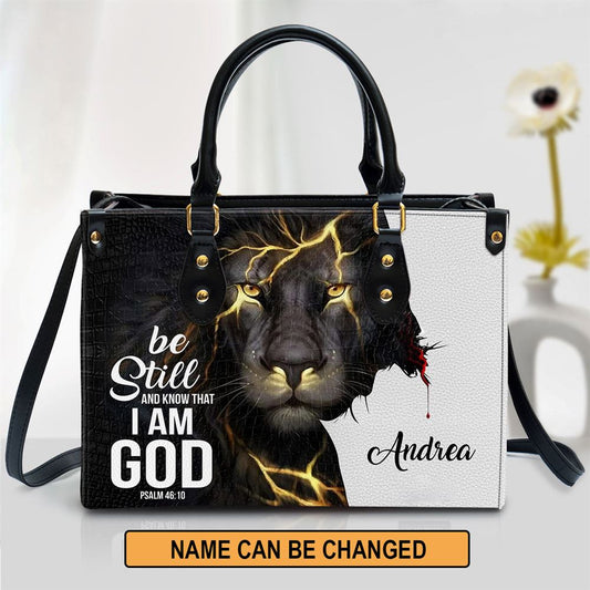Personalized Be Still And Know That I Am God Lion Leather Handbag, Gift For Christian Women, Church Bag, Religious Bag