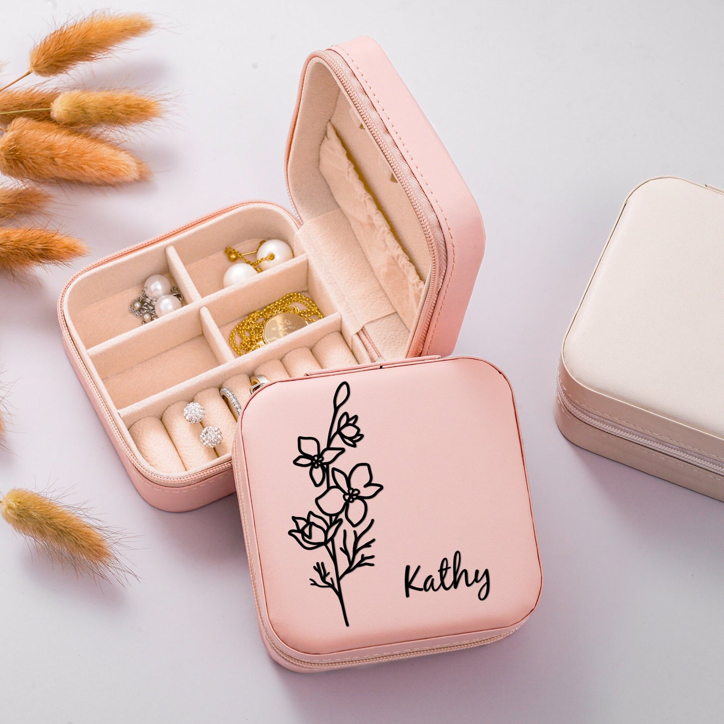 Personalized Birth Flower Jewelry Box, Custom Month Flower Jewelry Case, Girl Jewelry Box, Mother's Day Jewelry Box, Gift For Her, Travel Jewelry Case