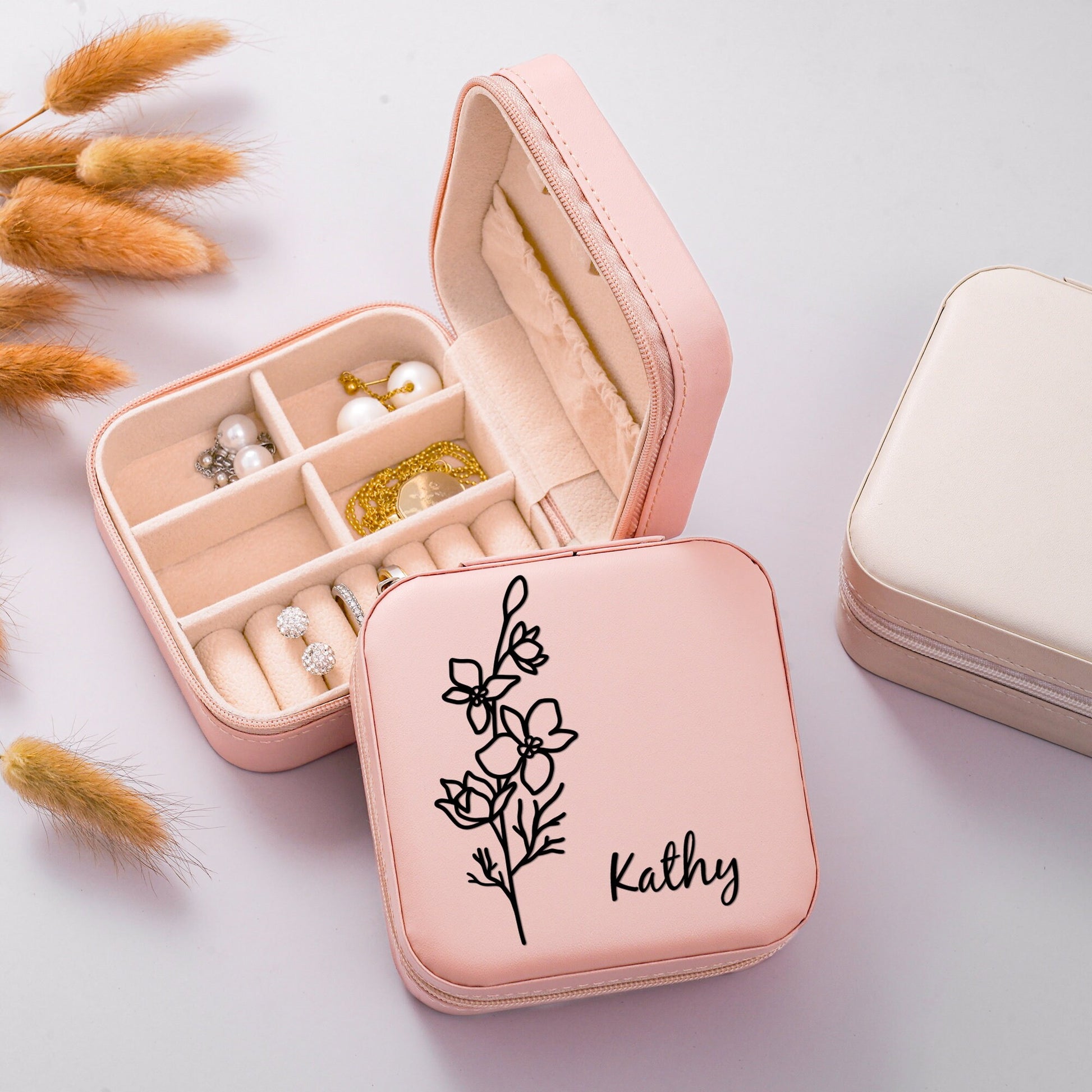 Personalized Birth Flower Jewelry Box, Custom Month Flower Jewelry Case, Girl Jewelry Box, Mother's Day Jewelry Box, Gift For Her, Travel Jewelry Case