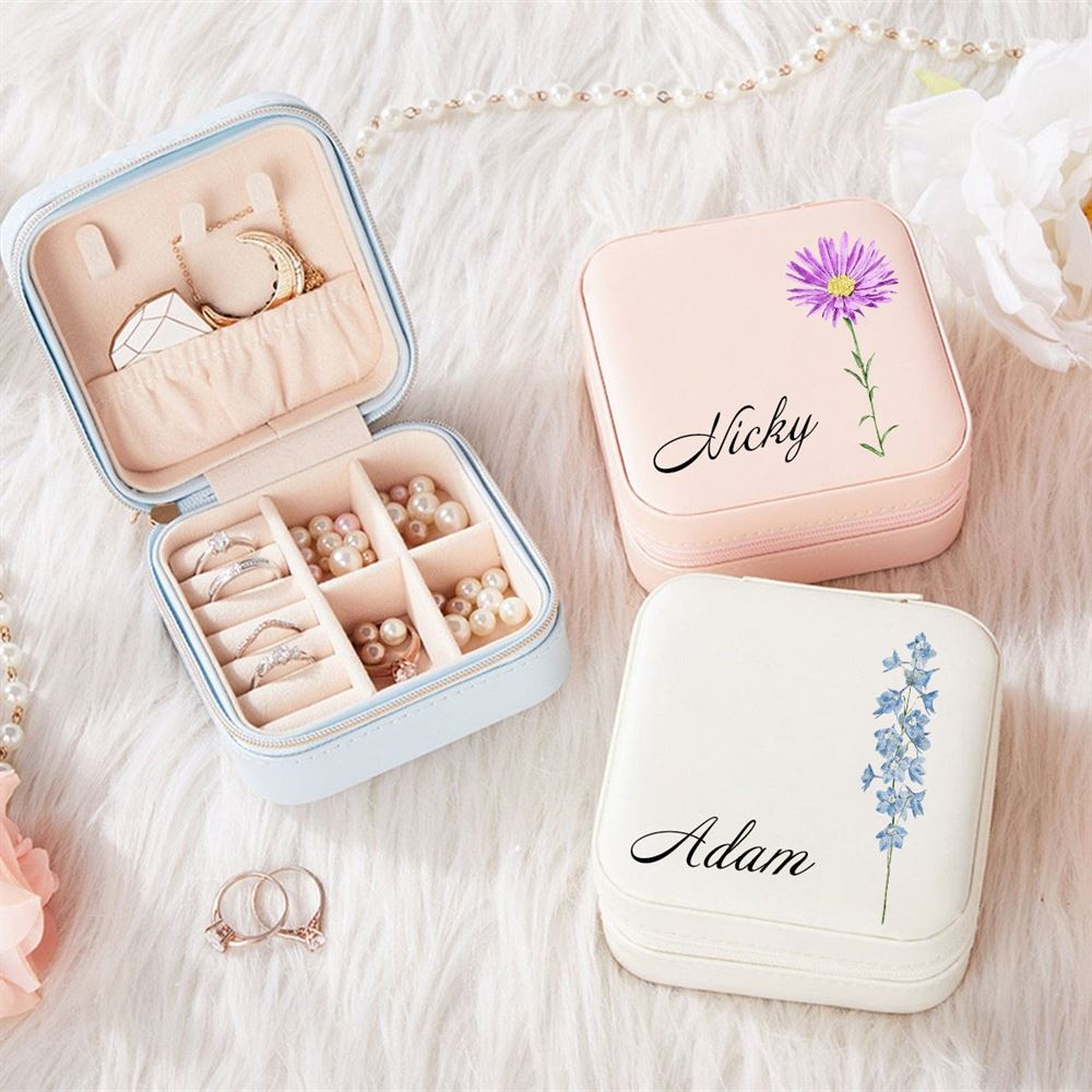 Personalized Birth Flower Jewelry Travel Box Bridesmaid Gift Case With Name, Mother's Day Jewelry Box, Gift For Her, Travel Jewelry Case