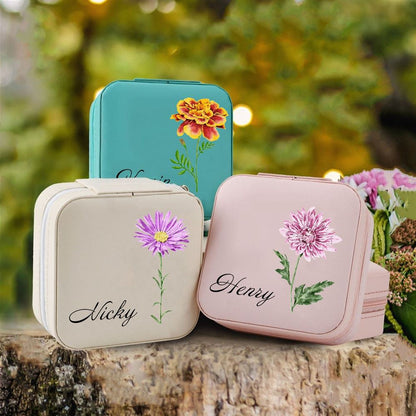 Personalized Birth Flower Jewelry Travel Box Bridesmaid Gift Case With Name, Mother's Day Jewelry Box, Gift For Her, Travel Jewelry Case