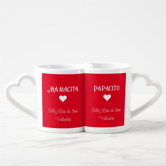 Personalized Simple Happy Valentine'S Day Spanish White Heart Coffee Heart shaped Mug Set, Coffee Mugs For Couples, Valentine Mugs, Valentine Gift