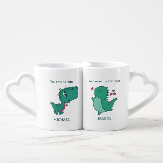 Personalized T-Rex Dinosaur Cute Couple Funny Valentine'S Day Coffee Heart shaped Mug Set, Coffee Mugs For Couples, Valentine Mugs, Valentine Gift
