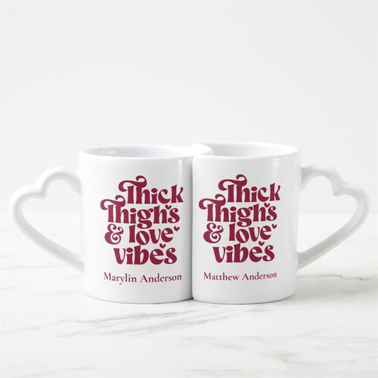 Personalized Thick Thighs & Love Vibes Valentines Glitter Drip Coffee Heart shaped Mug Set, Coffee Mugs For Couples, Valentine Mugs, Valentine Gift