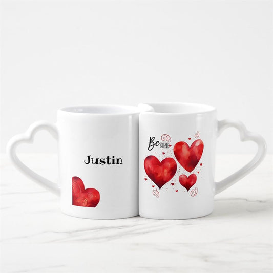 Personalized Three Red Hearts And Red Swirls Be Mine Coffee Heart shaped Mug Set, Coffee Mugs For Couples, Valentine Mugs, Valentine Gift