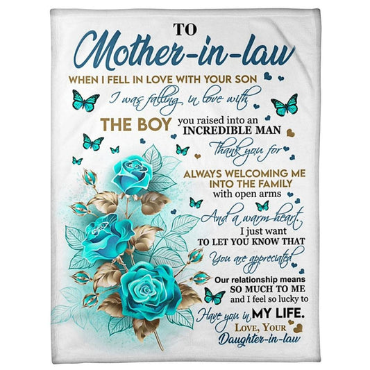 Personalized To My Mother-In-Law Blanket Blue Rose Butterflies I Was Falling In Love Blanket, Mother's Day Blanket, Mom Blanket