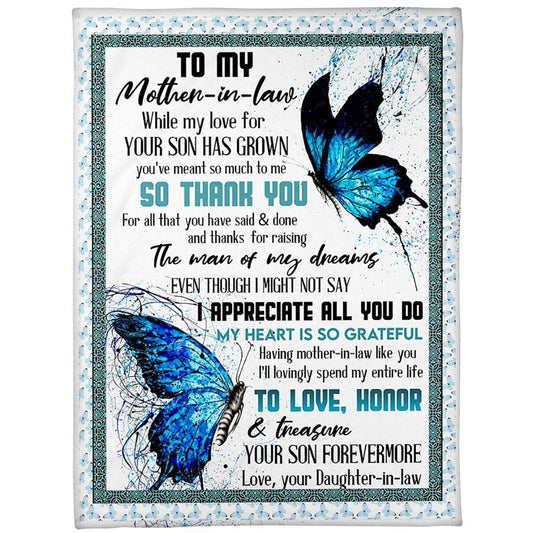 Personalized To My Mother-In-Law Blanket Butterflies Thanks For Raising The Man Blanket, Mother's Day Blanket, Mom Blanket