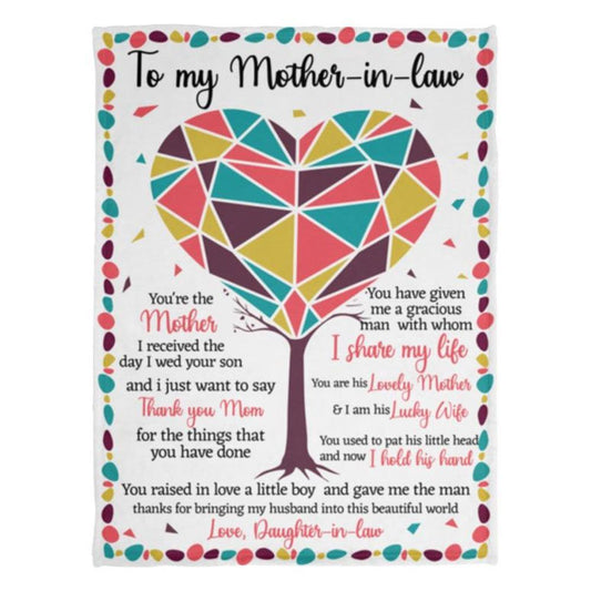 Personalized To My Mother-In-Law Blanket Colorful Triangle Puzzle Heart Tree Blanket, Mother's Day Blanket, Mom Blanket
