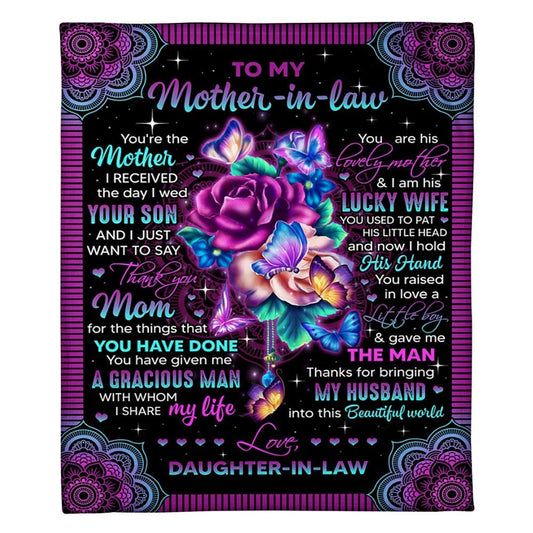 Personalized To My Mother-In-Law Blanket Mandala Design Flower And Butterflies Blanket, Mother's Day Blanket, Mom Blanket