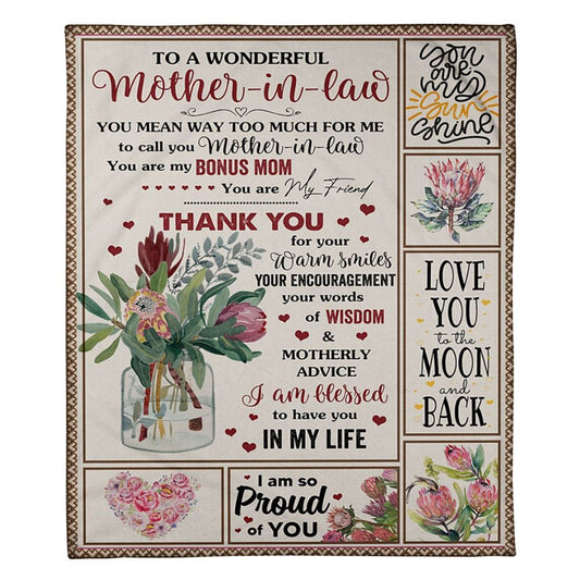Personalized To My Mother-In-Law Blanket Protea Flower You Are My Bonus Mom 2 Blanket, Mother's Day Blanket, Mom Blanket