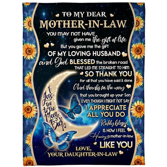 Personalized To My Mother-In-Law Blanket Sunflower Blue Butterflies & Moon Blanket, Mother's Day Blanket, Mom Blanket