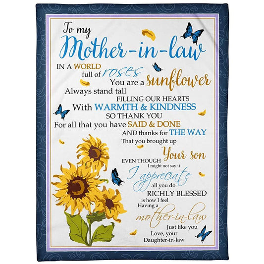 Personalized To My Mother-In-Law Blanket Sunflower Butterflies In A World Full Of Rose Blanket, Mother's Day Blanket, Mom Blanket