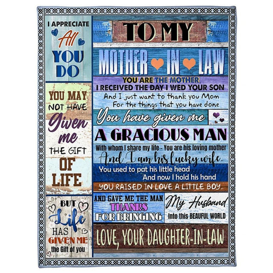 Personalized To My Mother-In-Law Blanket Vintage Blue Wood Theme Thank You Mom Blanket, Mother's Day Blanket, Mom Blanket