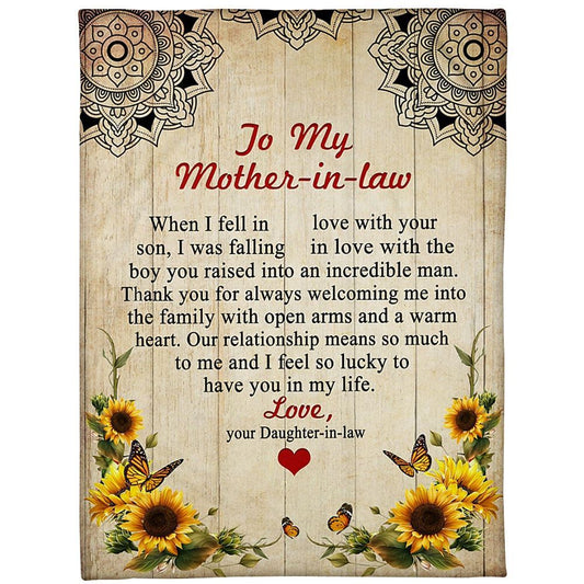 Personalized To My Mother-In-Law Blanket Vintage Sunflower & Butterflies Heart Artwork Blanket, Mother's Day Blanket, Mom Blanket