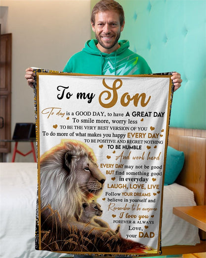 Personalized To My Son Blanket From Father Mother Be Positive Regret Nothing Lion Sunset Blanket, Mother's Day Blanket, Mom Blanket