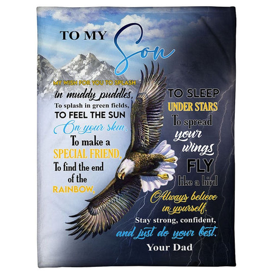 Personalized To My Son Blanket From Father Mother Eagle Flying Find The End Of Rainbow Blanket, Mother's Day Blanket, Mom Blanket