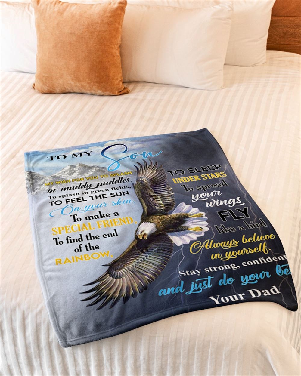 Personalized To My Son Blanket From Father Mother Eagle Flying Find The End Of Rainbow Blanket, Mother's Day Blanket, Mom Blanket