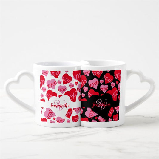 Personalized Valentine His And Hers Pink Red Heart Xoxo Pattern Coffee Heart shaped Mug Set, Coffee Mugs For Couples, Valentine Mugs, Valentine Gift