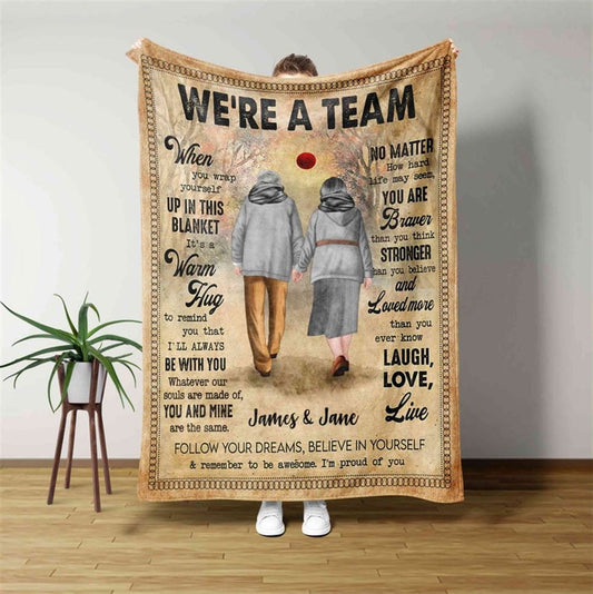 Personalized We're A Team Blanket, Old Couple Art Blanket Letter Gift To Her, Custom Name Gift From husband To Wife On Wedding Anniversary Valentine