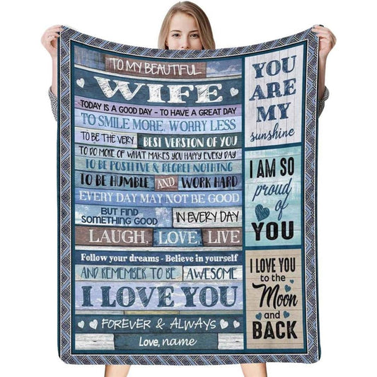 Personalized Wife BlanketTo My Beautiful Wife from Husband, You are My Sunshine Soft Warm Bed Blanket, Mother's Day Valentines Gift