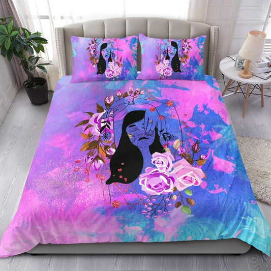 Pink Blue Multicolored Floral Woman Piece Quilt Bedding Set, Boho Bedding Set, Soft Comfortable Quilt, Hippie Home Decor