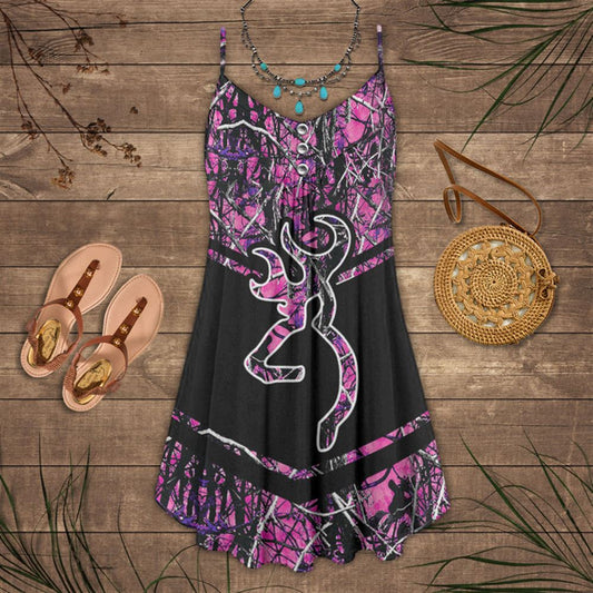 Pink Deer Hunting Spaghetti Strap Summer Dress For Women On Beach Vacation, Hippie Dress, Hippie Beach Outfit