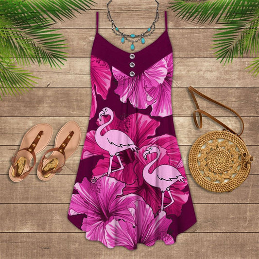 Pink Flamingo Hibicus Spaghetti Strap Summer Dress For Women On Beach Vacation, Hippie Dress, Hippie Beach Outfit