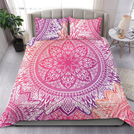 Pink Gradient Floral Mandala Quilt Bedding Set, Boho Bedding Set, Soft Comfortable Quilt, Hippie Home Decor