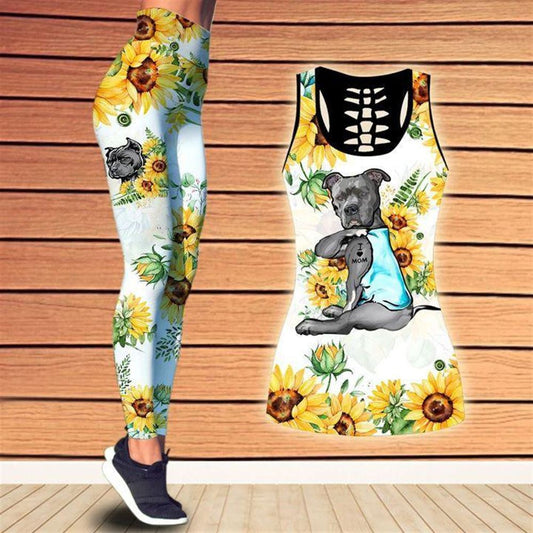 Pitbull Sunflower I Love Mom Hollow Tanktop Leggings, Sports Clothes Style Hippie For Women, Gift For Yoga Lovers