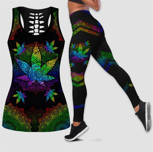 Pot Leaf Colourful Mandala Hollow Tanktop Leggings, Sports Clothes Style Hippie For Women, Gift For Yoga Lovers