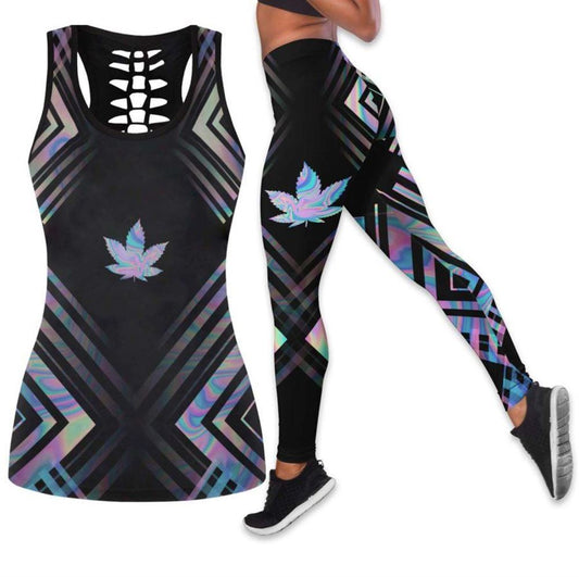 Pot Leaf Hologram Hollow Tanktop Leggings, Sports Clothes Style Hippie For Women, Gift For Yoga Lovers