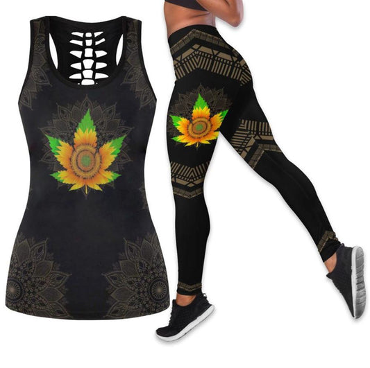 Pot Leaf Sunflowers Hollow Tanktop Leggings, Sports Clothes Style Hippie For Women, Gift For Yoga Lovers