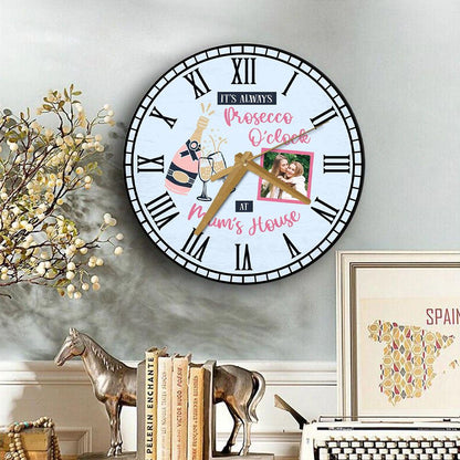 Prosecco O'Wooden Clock Mums House Photo Mother's Day Gift Blue Personalised Wooden Clock, Mother's Day Wooden Clock, Memorial Day Gift