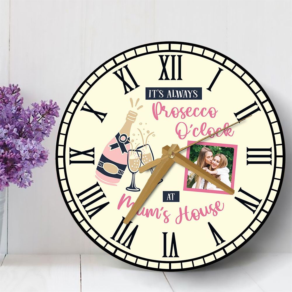 Prosecco O'Wooden Clock Mums House Photo Mother's Day Gift Yellow Personalised Wooden Clock, Mother's Day Wooden Clock, Memorial Day Gift