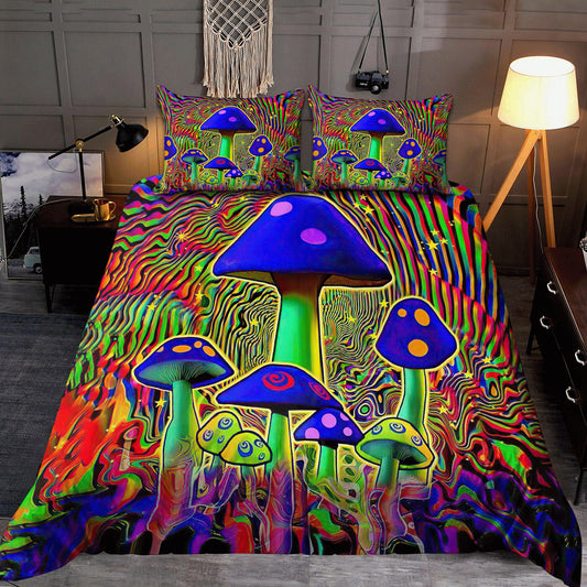 Psychedelic Blue Mushrooms Hippie Quilt Bedding Set, Boho Bedding Set, Soft Comfortable Quilt, Hippie Home Decor