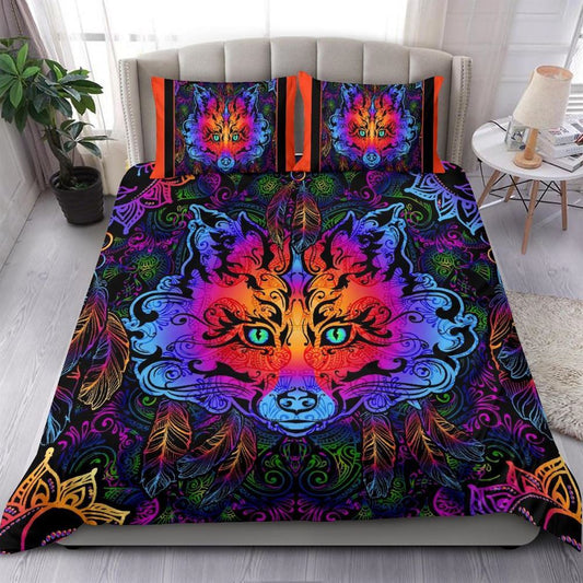 Psychedelic Colorful Multicolored Fox Quilt Bedding Set, Boho Bedding Set, Soft Comfortable Quilt, Hippie Home Decor