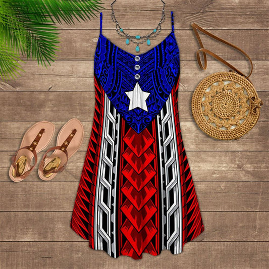Puerto Rico Pattern Spaghetti Strap Summer Dress For Women On Beach Vacation, Hippie Dress, Hippie Beach Outfit