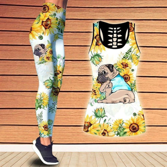 Pug Dog Sunflower Hollow Tanktop Leggings, Sports Clothes Style Hippie For Women, Gift For Yoga Lovers