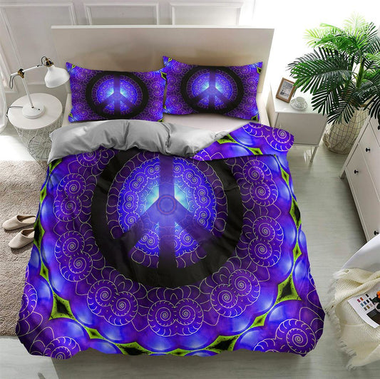 Purple And Blue Peace Hippie Quilt Bedding Set, Boho Bedding Set, Soft Comfortable Quilt, Hippie Home Decor