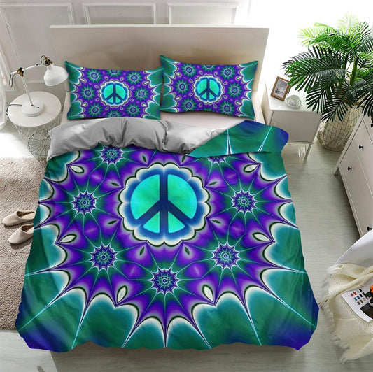 Purple And Green Peace Hippie Quilt Bedding Set, Boho Bedding Set, Soft Comfortable Quilt, Hippie Home Decor