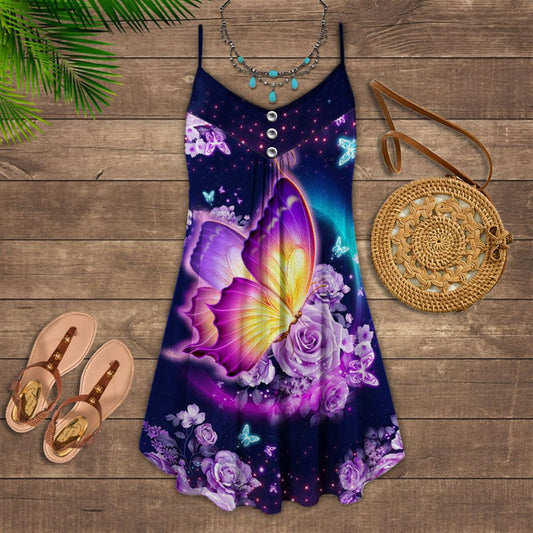 Purple Butterfly And Rose Spaghetti Strap Summer Dress For Women On Beach Vacation, Hippie Dress, Hippie Beach Outfit
