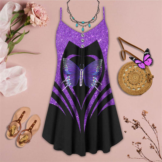 Purple Butterfly Glitter Spaghetti Strap Summer Dress For Women On Beach Vacation, Hippie Dress, Hippie Beach Outfit