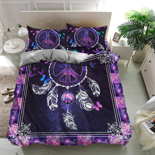 Purple Butterfly Peace Hippie Quilt Bedding Set, Boho Bedding Set, Soft Comfortable Quilt, Hippie Home Decor