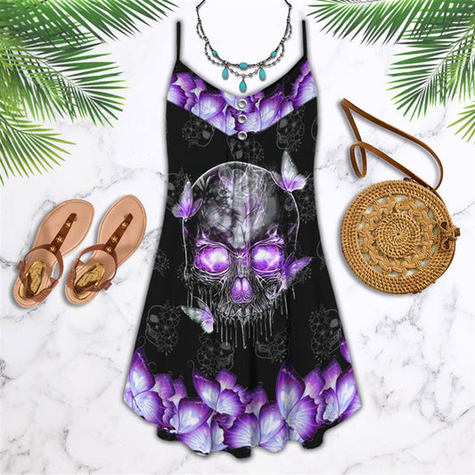 Purple Butterfly Skull Spaghetti Strap Summer Dress For Women On Beach Vacation, Hippie Dress, Hippie Beach Outfit