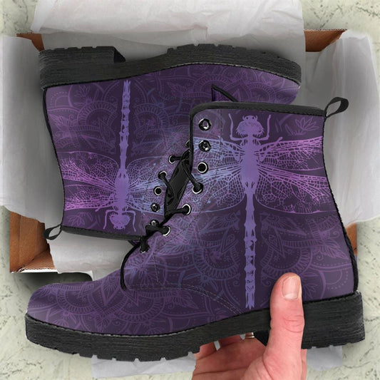 Purple Dragonfly Mandala Leather Boots For Men And Women, Gift For Hippie Lovers, Hippie Boots, Lace Up Boots
