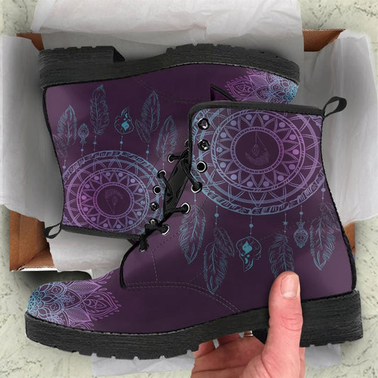 Purple Dreamcatcher Leather Boots For Men And Women, Gift For Hippie Lovers, Hippie Boots, Lace Up Boots