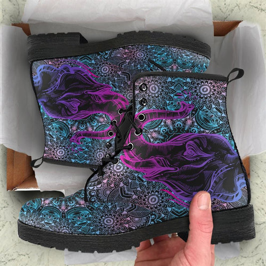 Purple Elephant Mandala Leather Boots For Men And Women, Gift For Hippie Lovers, Hippie Boots, Lace Up Boots