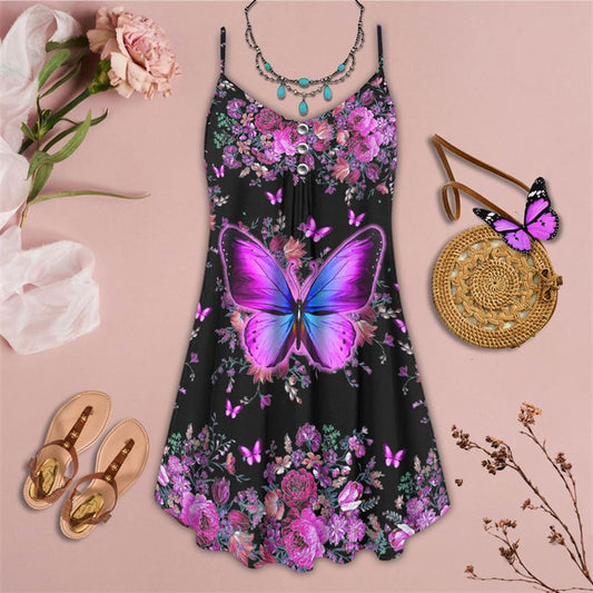 Purple Flower Butterfly Spaghetti Strap Summer Dress For Women On Beach Vacation, Hippie Dress, Hippie Beach Outfit