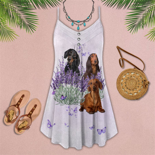 Purple Flower Dachshund Spaghetti Strap Summer Dress For Women On Beach Vacation, Hippie Dress, Hippie Beach Outfit